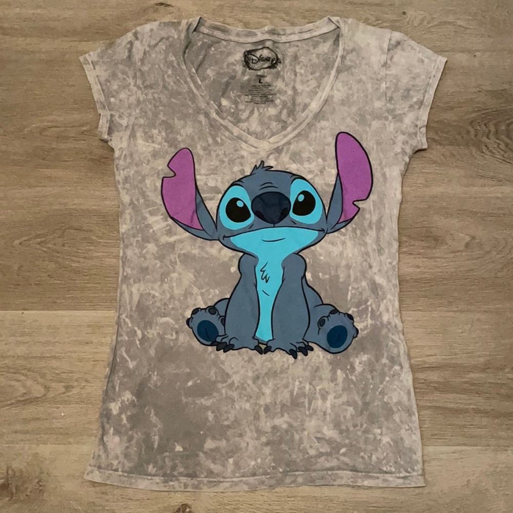 New Disney Stitch Gray Women Tie Dye V Neck T-shirt Large